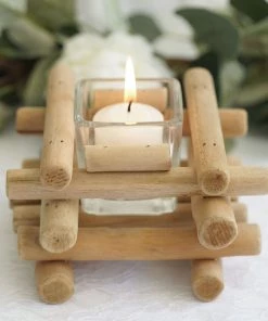 HIER_4300 3" Tall | Driftwood Wooden Candle Holder | Square Glass Tea Light Holder | Rustic Wedding Centerpiece