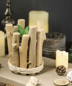 HIER_4320 6" Tall | Driftwood Wooden Candle Holder | Round Glass Tea Light Holder | Rustic Wedding Centerpiece