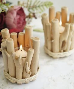 HIER_4320 6" Tall | Driftwood Wooden Candle Holder | Round Glass Tea Light Holder | Rustic Wedding Centerpiece