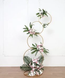 HIER_3620 5Ft | 4-Tiered Gold Hoop Pillar Flower Stand, Metal Wedding Arch Table Centerpiece - Hoop Wreath