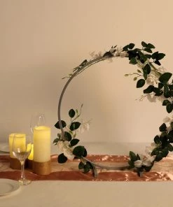 HIER_4820 20" Silver Round Arch Wedding Centerpiece, Metal Hoop Wreath Tabletop Decor