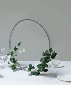 HIER_4820 20" Silver Round Arch Wedding Centerpiece, Metal Hoop Wreath Tabletop Decor