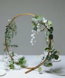 HIER_4820 Chargers & Centerpieces 24" Gold Round Arch Wedding Centerpiece, Metal Hoop Wreath Tabletop Decor