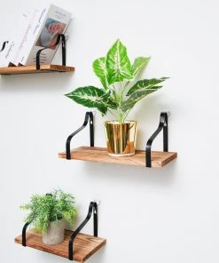 HIER_3400 3 Pack | Wood/Metal Floating Wall Shelves Wall Mounted Shelf Set Decor