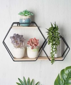 HIER_3400 2-Tier Hexagon Floating Shelf, Dessert Display Stand With Black Double Geometric Design - 10"H X 17"L Chargers & Centerpieces