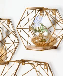 HIER_3400 Chargers & Centerpieces 3 Pack Gold Hexagonal Floating Wall Shelves, Decorative Geometric Wall Mounted Shelves - 9"|12"|14"