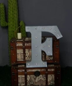 HIER_3720 20" | Vintage Metal Marquee Letter Lights Cordless With 16 Warm White LED - F Chargers & Centerpieces