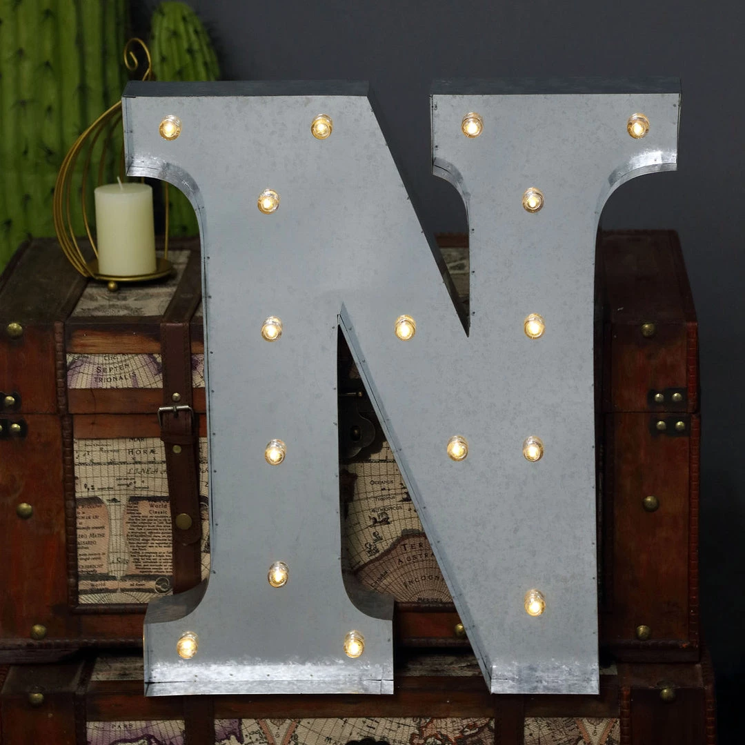 HIER_3720 20" | Vintage Metal Marquee Letter Lights Cordless With 16 Warm White LED - N 7 HIER_3720 20" | Vintage Metal Marquee Letter Lights Cordless With 16 Warm White LED - N