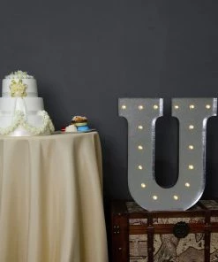 HIER_3720 Chargers & Centerpieces 20" | Vintage Metal Marquee Letter Lights Cordless With 16 Warm White LED - U