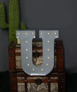 HIER_3720 Chargers & Centerpieces 20" | Vintage Metal Marquee Letter Lights Cordless With 16 Warm White LED - U