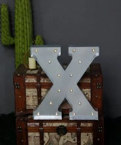 HIER_3720 20" | Vintage Metal Marquee Letter Lights Cordless With 16 Warm White LED - X