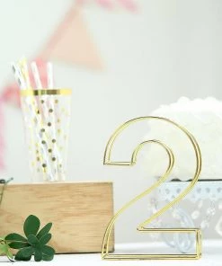 HIER_3720 8" Tall | Gold Wedding Table Numbers | Freestanding 3D Decorative Metal Wire Numbers | 2 Chargers & Centerpieces