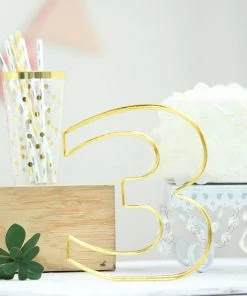 HIER_3720 8" Tall | Gold Wedding Table Numbers | Freestanding 3D Decorative Metal Wire Numbers | 3 Chargers & Centerpieces