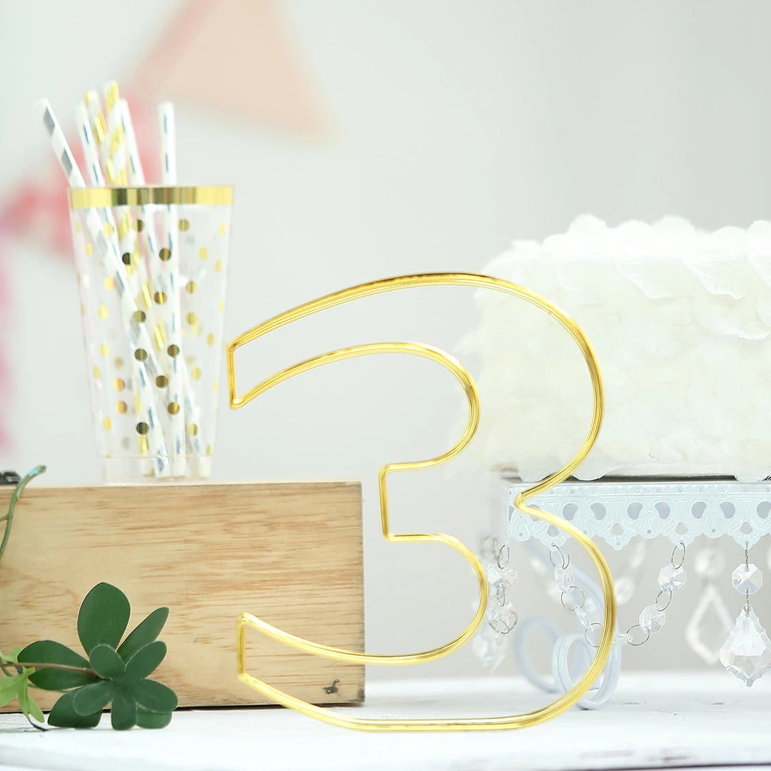 HIER_3720 8" Tall | Gold Wedding Table Numbers | Freestanding 3D Decorative Metal Wire Numbers | 3 Chargers & Centerpieces 2 HIER_3720 8" Tall | Gold Wedding Table Numbers | Freestanding 3D Decorative Metal Wire Numbers | 3 Chargers & Centerpieces