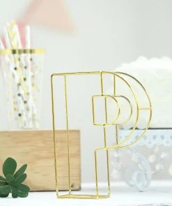 HIER_3720 8" Tall | Gold Wedding Centerpiece | Freestanding 3D Decorative Wire Letter | P Chargers & Centerpieces 22 HIER_3720 8