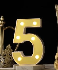 HIER_3720 Chargers & Centerpieces 6" Gold 3D Marquee Numbers | Warm White 6 LED Light Up Numbers | 5