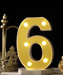 HIER_3720 6" Gold 3D Marquee Numbers | Warm White 6 LED Light Up Numbers | 6