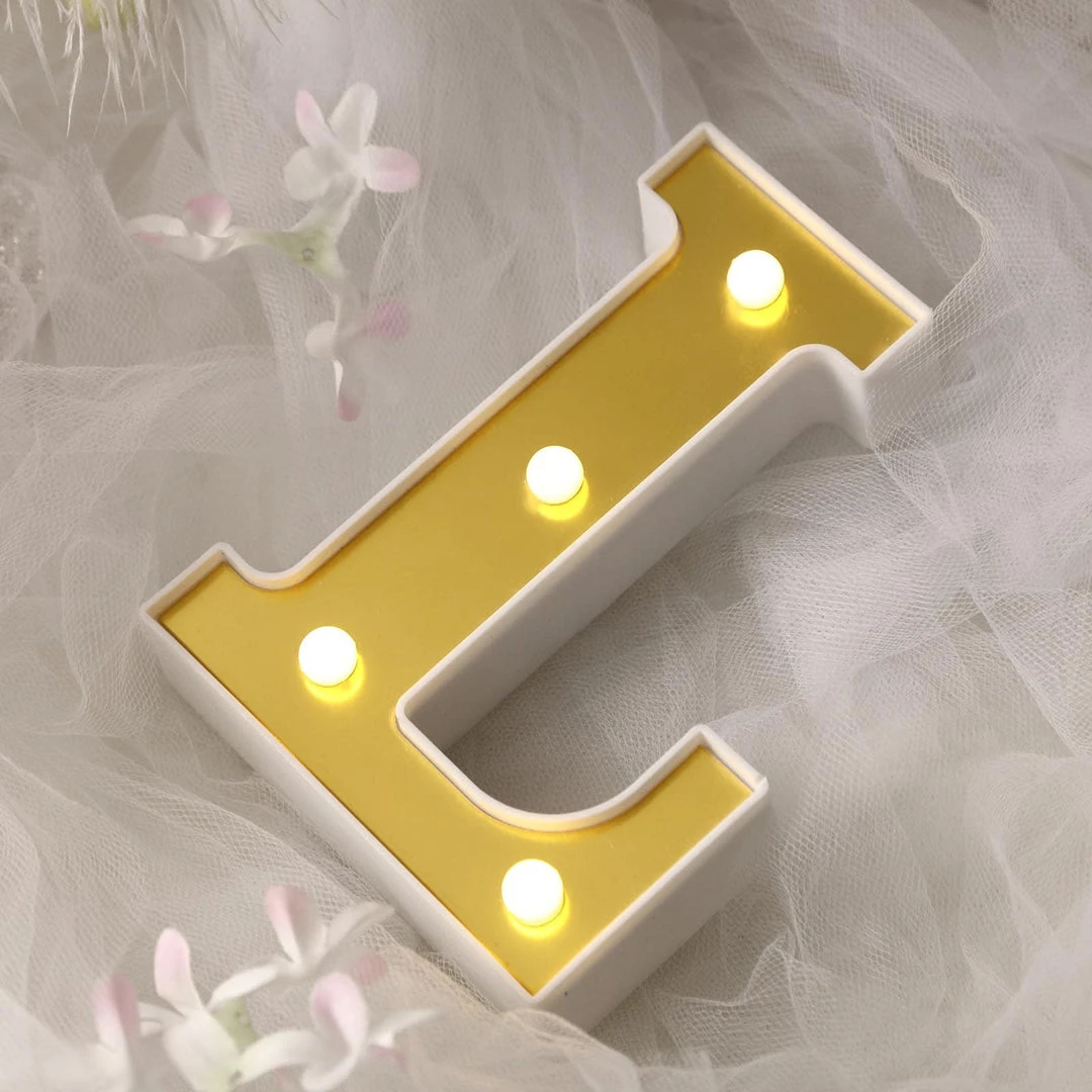 HIER_3720 Chargers & Centerpieces 6" Gold 3D Marquee Letters | Warm White 4 LED Light Up Letters | L 1 HIER_3720 Chargers & Centerpieces 6" Gold 3D Marquee Letters | Warm White 4 LED Light Up Letters | L