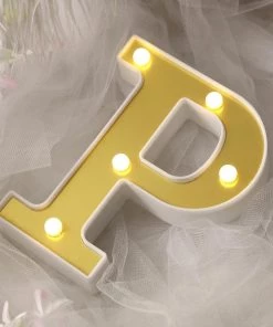 HIER_3720 Chargers & Centerpieces 6" Gold 3D Marquee Letters | Warm White 5 LED Light Up Letters | P