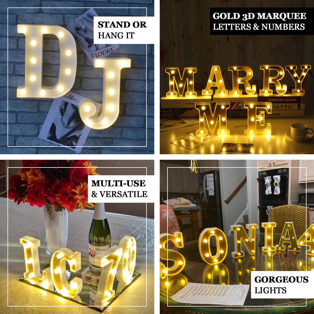 HIER_3720 Chargers & Centerpieces 6" Gold 3D Marquee Letters | Warm White 4 LED Light Up Letters | S 4 HIER_3720 Chargers & Centerpieces 6" Gold 3D Marquee Letters | Warm White 4 LED Light Up Letters | S