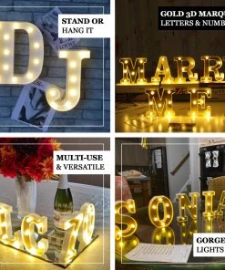 HIER_3720 Chargers & Centerpieces 6" Gold 3D Marquee Letters | Warm White 5 LED Light Up Letters | X 15 HIER_3720 Chargers & Centerpieces 6