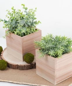 HIER_1731 2 Pack | 5" Square Tan Wood Planter Box Set, Plant Holder With Removable Plastic Liners Chargers & Centerpieces