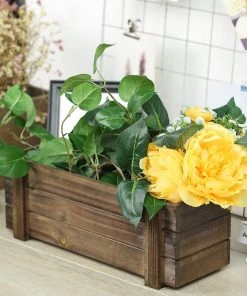 HIER_1731 Chargers & Centerpieces 14"x5" | Smoked Brown Rustic Natural Wood Planter Box With Removable Plastic Liners