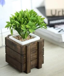 HIER_5200 Chargers & Centerpieces 2 Pack | 4" Square | Smoked Brown Rustic Natural Wood Planter Box Set With Removable Plastic Liners